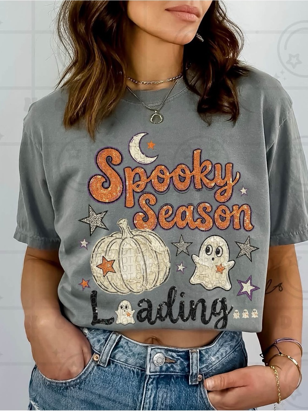 Spooky Season Graphic Tshirt - Gray Gildan with Orange Accents Small-3X